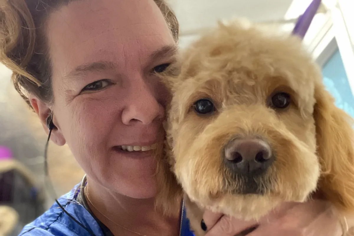 Shanti cheek to cheek with a fluffy golden dog
