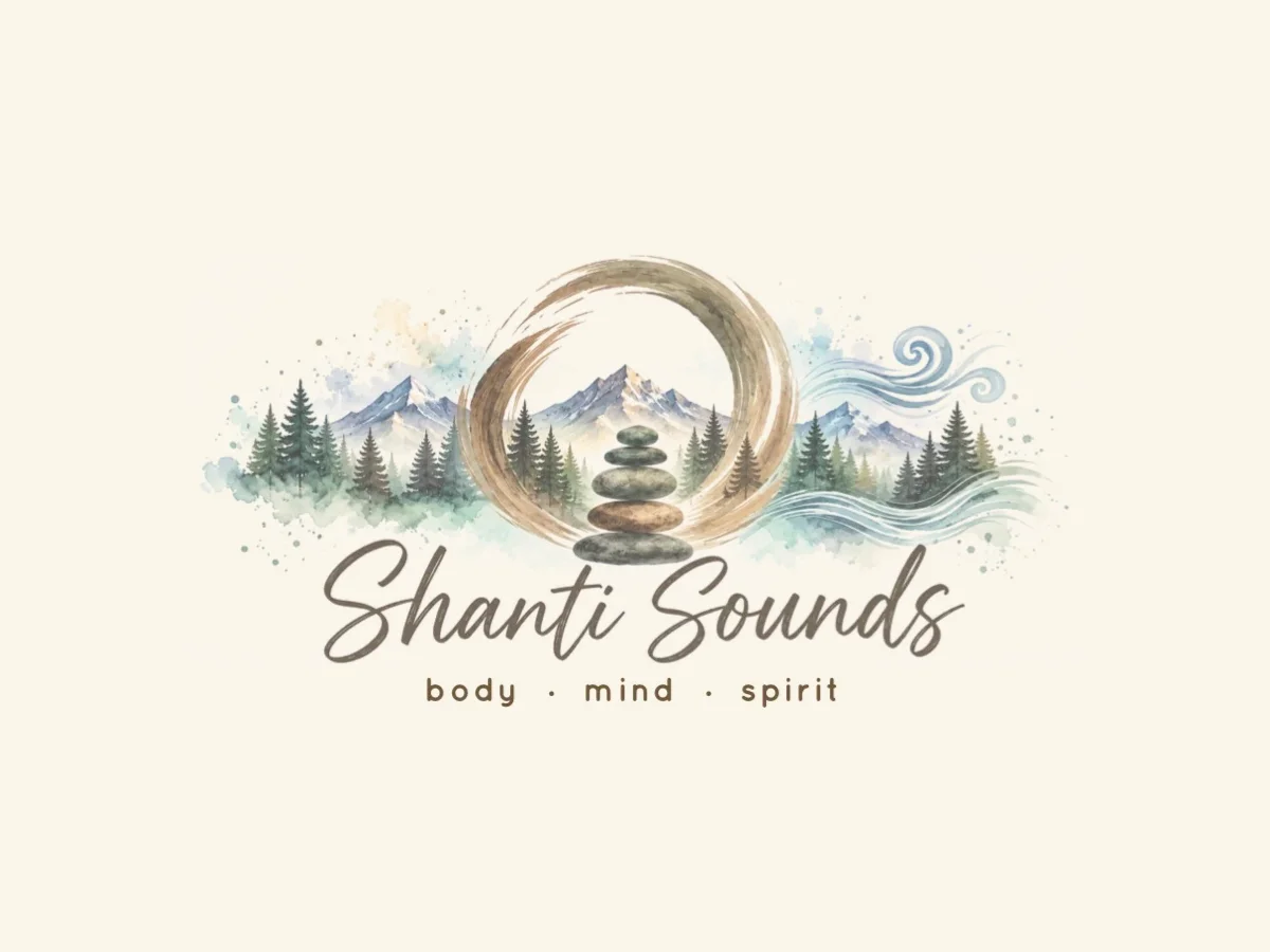 Shanti Sounds logo art with mountains, trees, and stacked stones